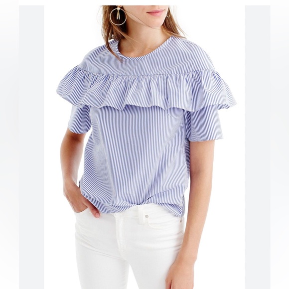 J Crew Womens Striped Blue/White Short Sleeve Ruffle Top Cotton Preppy Size 0 - Picture 1 of 14